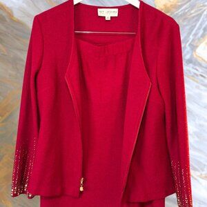 St. John Red Knit Jacket & Skirt Set w/ Gold Beaded Sleeves ✨